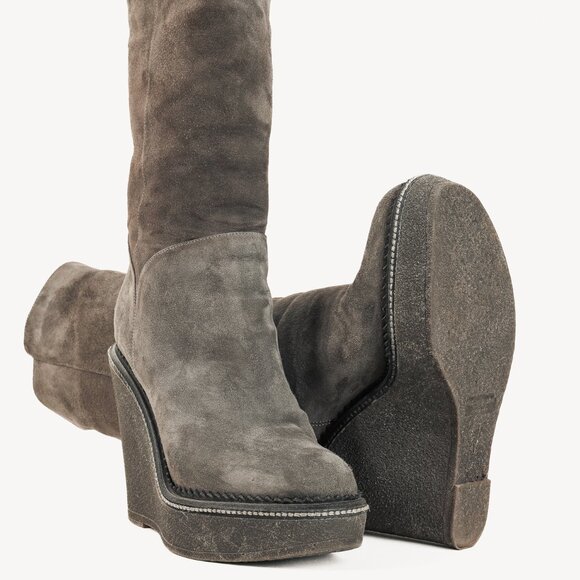 Yves Saint Laurent Grey Suede Shearling Platform Wedge Boot - Picture 4 of 10